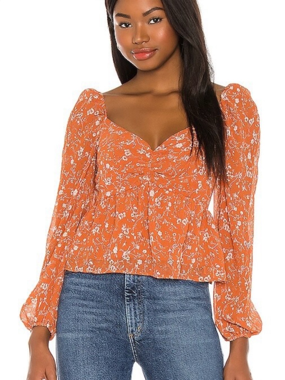 ASTR The Label ‘Long Sleeve Sweetheart Top’ in “Rust Multi Floral” Size Medium